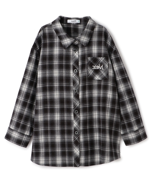 X-girl Stages（エックスガールステージス）の「シャドーチェックロゴ刺しゅうロング丈シャツ（シャツ/ブラウス・キッズ・ブラック/ピンク・110cm/140cm/120cm/130cm）」の12枚目の写真