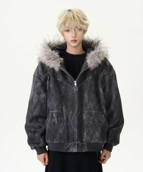 セール】ヴィンテージムラ染めフェイクスエードボアフードブルゾン