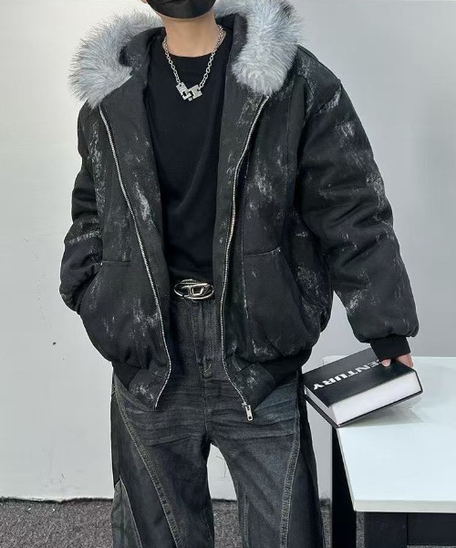 そー様 セール】ヴィンテージムラ染めフェイクスエードボアフードブルゾン