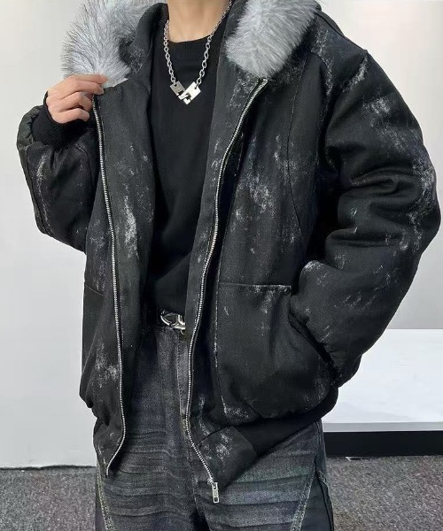 セール】ヴィンテージムラ染めフェイクスエードボアフードブルゾン