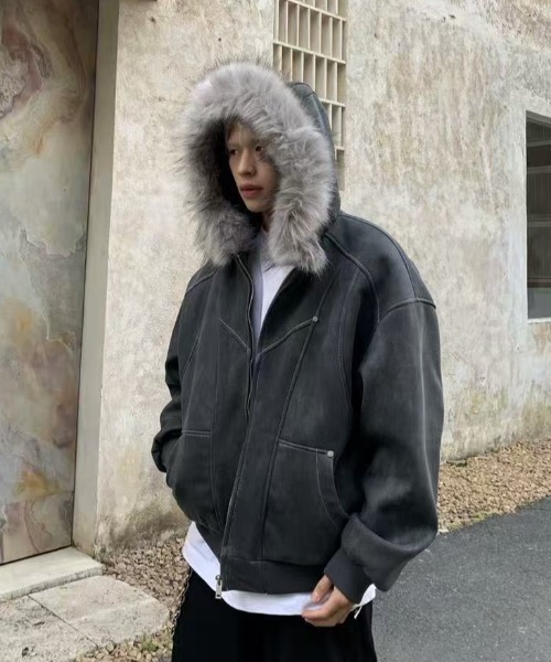 セール】ヴィンテージムラ染めフェイクスエードボアフードブルゾン