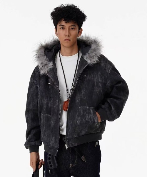 セール】ヴィンテージムラ染めフェイクスエードボアフードブルゾン