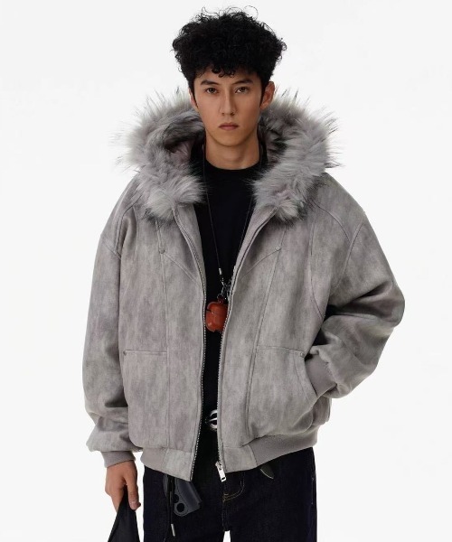 ★美品 d.i.a. ダイヤ 黒 グレー ゴールド ジャンパー・ブルゾン F セール】ヴィンテージムラ染めフェイクスエードボアフードブルゾン