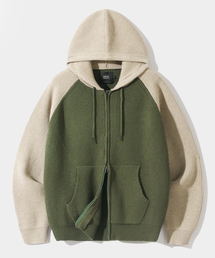DIMITRI BLACK | 2WAY Raglan Two-Tone Knit Hooded Zip-Up_Olive & Beige(ニット/セーター)