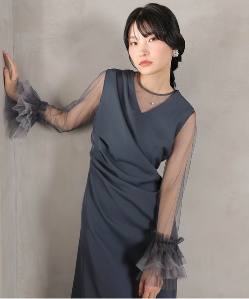 Kana(カナ)の「チュール袖フリル ドレープワンピースドレス 2点セット パーティー 結婚式 お呼ばれ オケージョン(ドレス・レディース・ベージュ/ブルー/ブラック/チャコールグレー・M)」の14枚目の写真