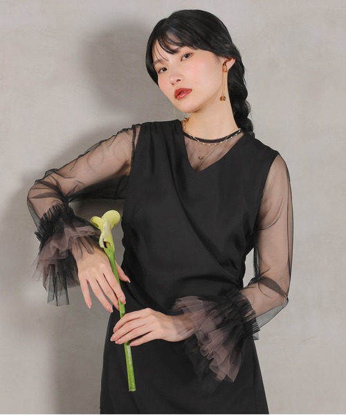 Kana(カナ)の「チュール袖フリル ドレープワンピースドレス 2点セット パーティー 結婚式 お呼ばれ オケージョン(ドレス・レディース・ベージュ/ブルー/ブラック/チャコールグレー・M)」の11枚目の写真