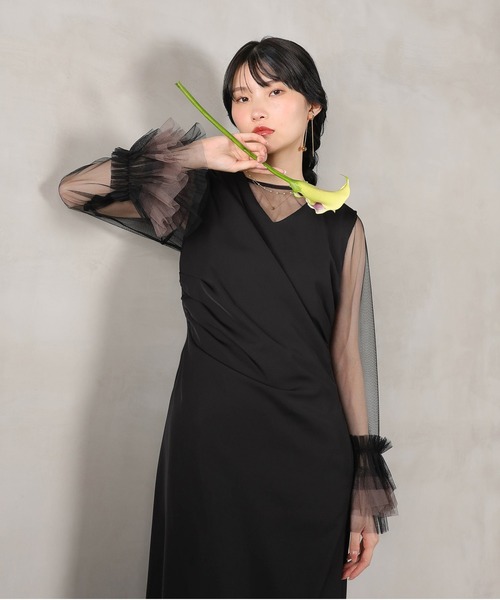 Kana(カナ)の「チュール袖フリル ドレープワンピースドレス 2点セット パーティー 結婚式 お呼ばれ オケージョン(ドレス・レディース・ベージュ/ブルー/ブラック/チャコールグレー・M)」の9枚目の写真