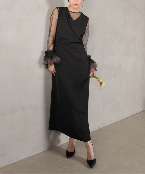 Kana(カナ)の「チュール袖フリル ドレープワンピースドレス 2点セット パーティー 結婚式 お呼ばれ オケージョン(ドレス・レディース・ベージュ/ブルー/ブラック/チャコールグレー・M)」の8枚目の写真