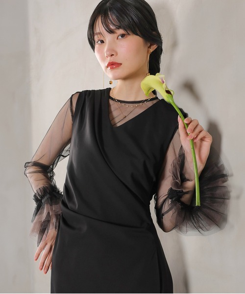 Kana(カナ)の「チュール袖フリル ドレープワンピースドレス 2点セット パーティー 結婚式 お呼ばれ オケージョン(ドレス・レディース・ベージュ/ブルー/ブラック/チャコールグレー・M)」の7枚目の写真