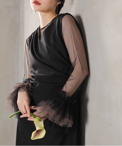 Kana(カナ)の「チュール袖フリル ドレープワンピースドレス 2点セット パーティー 結婚式 お呼ばれ オケージョン(ドレス・レディース・ベージュ/ブルー/ブラック/チャコールグレー・M)」の10枚目の写真