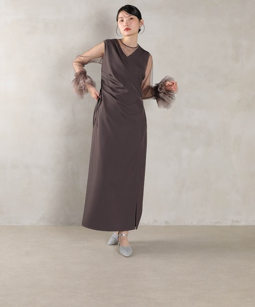 Kana(カナ)の「チュール袖フリル ドレープワンピースドレス 2点セット パーティー 結婚式 お呼ばれ オケージョン(ドレス・レディース・ベージュ/ブルー/ブラック/チャコールグレー・M)」の16枚目の写真