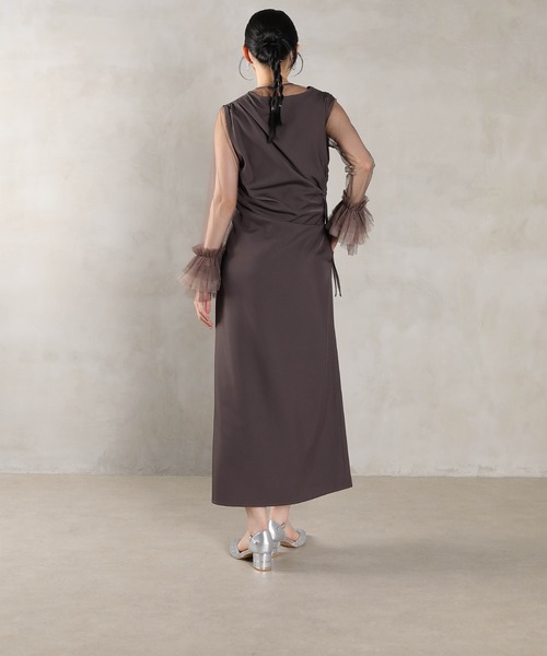 Kana(カナ)の「チュール袖フリル ドレープワンピースドレス 2点セット パーティー 結婚式 お呼ばれ オケージョン(ドレス・レディース・ベージュ/ブルー/ブラック/チャコールグレー・M)」の15枚目の写真