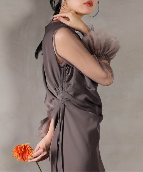 Kana(カナ)の「チュール袖フリル ドレープワンピースドレス 2点セット パーティー 結婚式 お呼ばれ オケージョン(ドレス・レディース・ベージュ/ブルー/ブラック/チャコールグレー・M)」の22枚目の写真