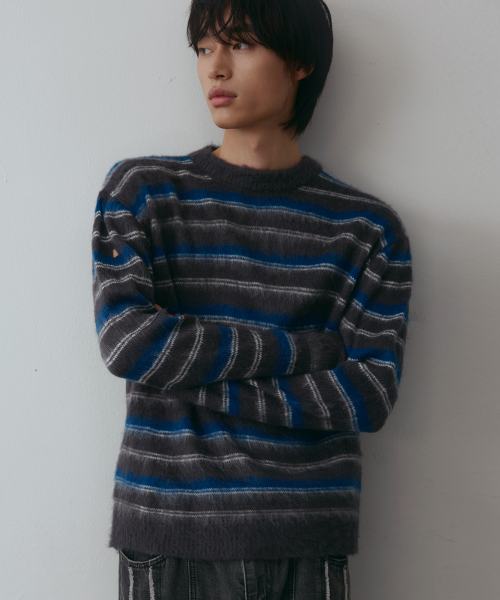 NODU（ノードユー）の「クロップマルチストライプブラシニット[グレー]（ニット/セーター・メンズ・その他・MEDIUM/LARGE）」の3枚目の写真