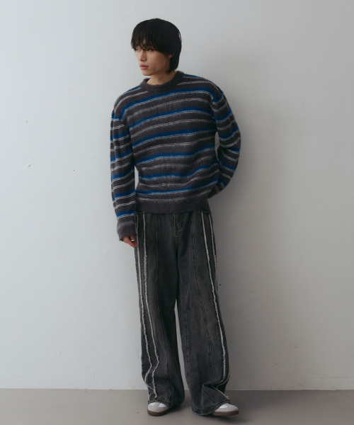 NODU（ノードユー）の「クロップマルチストライプブラシニット[グレー]（ニット/セーター・メンズ・その他・MEDIUM/LARGE）」の4枚目の写真