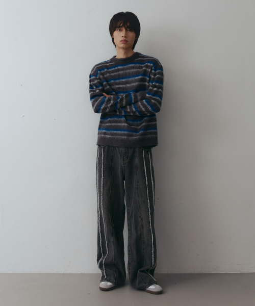 NODU（ノードユー）の「クロップマルチストライプブラシニット[グレー]（ニット/セーター・メンズ・その他・MEDIUM/LARGE）」の5枚目の写真