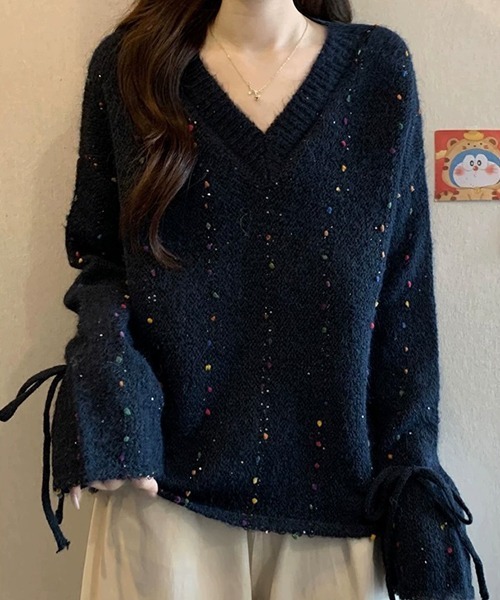 gossip!ロサンゼルス(ゴシップロサンゼルス)の「YUGA Vネック ルーズドローストリングニットセーター(ニット/セーター・レディース・オフホワイト/ダークブラウン/ネイビー・FREE)」の3枚目の写真