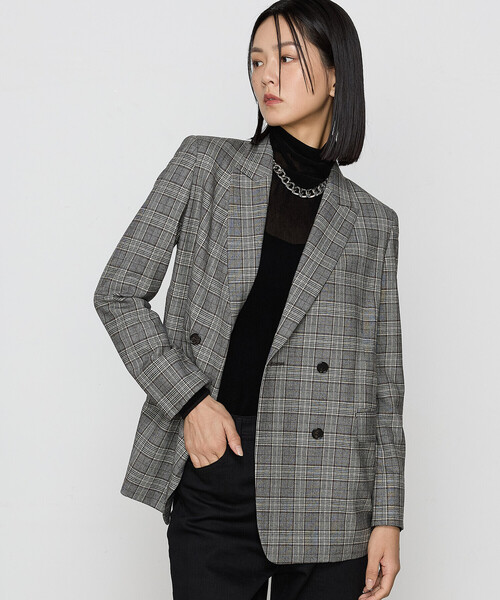 K.T KIYOKO TAKASE(キヨコタカセ)の「〔 TALLサイズ 〕2WAYストレッチチェックフラノ デザインダブルジャケット(テーラードジャケット・レディース・ブラウン・15号)」の1枚目の写真