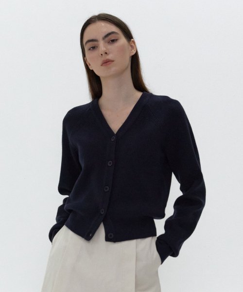 38COMEONCOMMON(38カモンコモン)の「21AU V-NECK LINE RIBBED CARDIGAN (NAVY)(カーディガン/ボレロ・レディース・その他・FREE)」の1枚目の写真