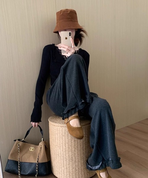WESTSEA(ウエストシー)の「花柄ボタン レースVネック リブニット プルオーバー 長袖トップス 袖/裾 メロウ仕立て ややショート丈(ニット/セーター・レディース・ブラック/アイボリー/チャコール・FREE)」の13枚目の写真
