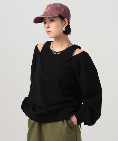 BAYFLOW(ベイフロー)の「フェイクレイヤードオフショルプルオーバー(Tシャツ/カットソー・レディース・ブラック/オフホワイト・FREE)」の2枚目の写真