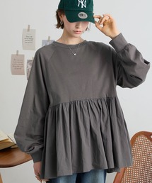 MONO-MART（モノマート）の「異素材ドッキング オーバーサイズ クルーネック ペプラムロンT（Tシャツ/カットソー）」