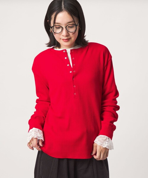 green label relaxing(グリーンレーベルリラクシング)の「【WEB限定】<at ease>ワッフル ヘンリーネック ロングスリーブ カットソー(Tシャツ/カットソー・レディース・オフホワイト/ライトピンク/ネイビー/ナチュラル/ダークブラウン/ダークグレー/レッド/パープル・FREE)」の8枚目の写真