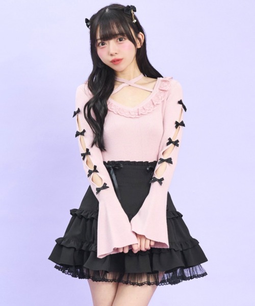 Secret Honey（シークレットハニー）の「袖スリットニットトップス（ニット/セーター・レディース・ブラック/ピンク・FREE）」の2枚目の写真