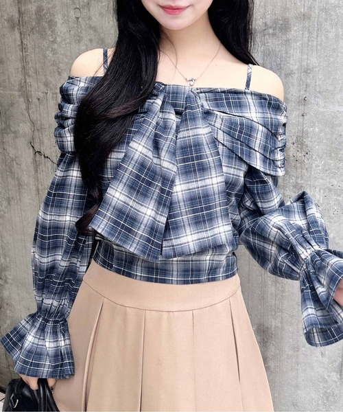 INGNI（イング）の「リボンオフショルチェック柄ブラウス（シャツ/ブラウス・レディース・ネイビー系2/ブラック系・M）」の13枚目の写真