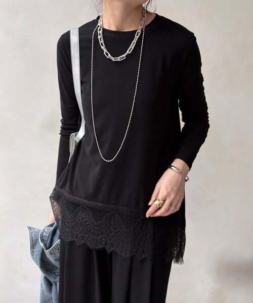 DouDou(ドゥドゥ)の「【WEB限定/セットアップ可能】裾レーストップス(Tシャツ/カットソー・レディース・グレー/オフホワイト/ブラック・FREE)」の9枚目の写真