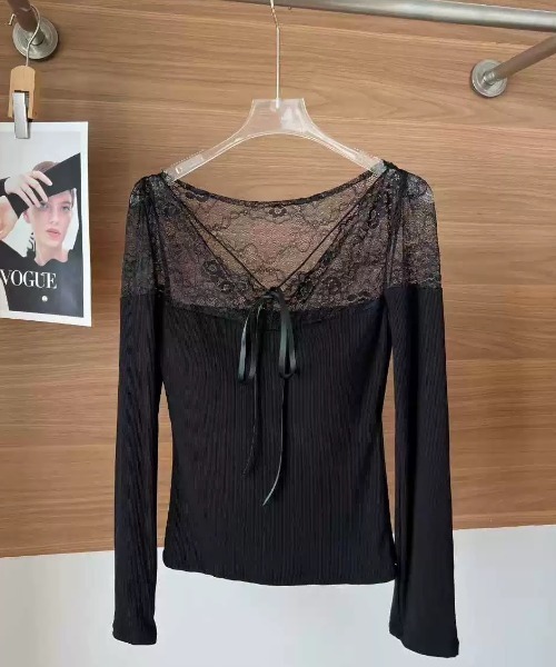ampm(エーエムピーエム)の「レース切替 リボンデザイン リブトップス(Tシャツ/カットソー・レディース・ブラウン/ブラック/ホワイト・FREE)」の4枚目の写真
