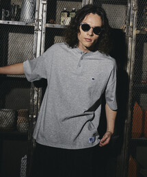 限定展開 RUSSELL ATHLETIC×FREAK'S STORE ラッセル アスレチック 別注 ビッグシルエット ワンポイントロゴ ヘンリーネック Tシャツ
