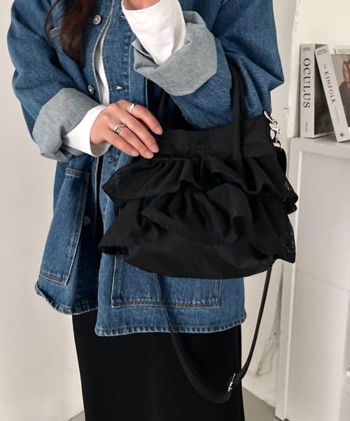 Lee（リー）の「Lee/メッシュフリル 2way バッグ/軽量/シワポリ素材/レディース（トートバッグ・レディース・グレー/ブラック・FREE）」の6枚目の写真