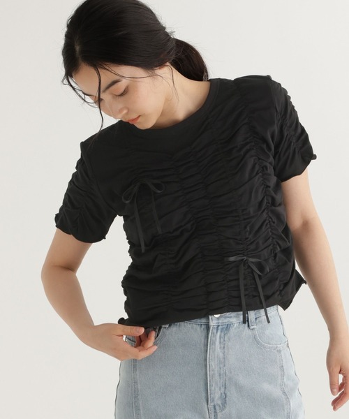 studio CLIP(スタディオクリップ)の「【daily CLIP】リボンシャーリングTシャツ(Tシャツ/カットソー・レディース・グレー/ホワイト/ブラック・FREE)」の3枚目の写真