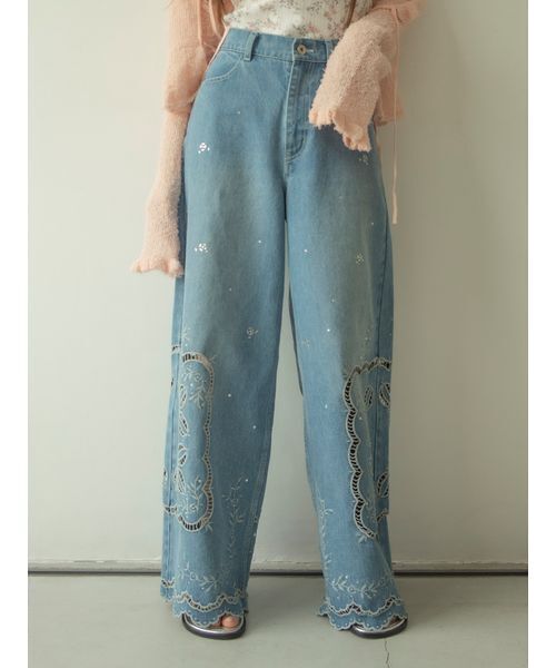 L.B CANDY STOCK]カットワークビジューデニムパンツ（デニムパンツ