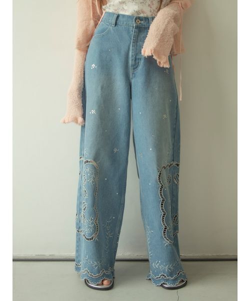 L.B CANDY STOCK]カットワークビジューデニムパンツ（デニムパンツ