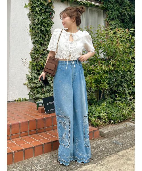L.B CANDY STOCK]カットワークビジューデニムパンツ（デニムパンツ