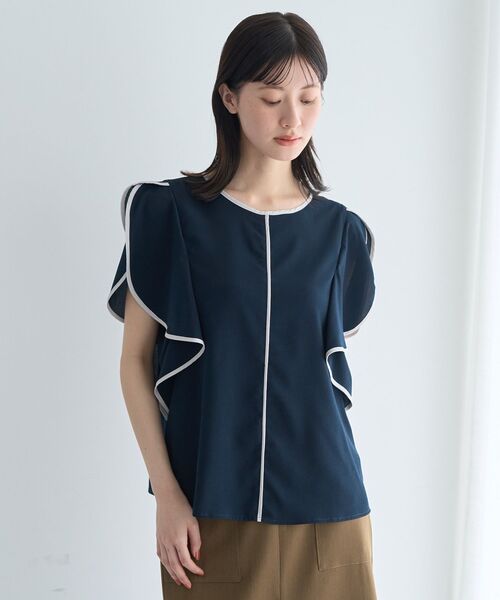 YECCA VECCA(イェッカヴェッカ)の「配色ラッフルスリーブブラウス(シャツ/ブラウス・レディース・ネイビー/サックスブルー/オフホワイト・FREE)」の4枚目の写真