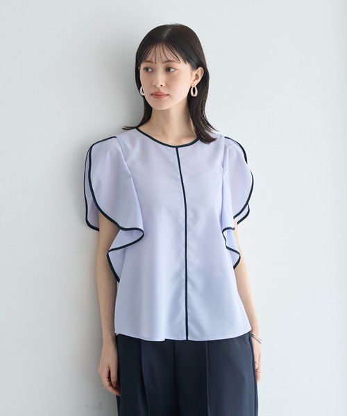 YECCA VECCA(イェッカヴェッカ)の「配色ラッフルスリーブブラウス(シャツ/ブラウス・レディース・ネイビー/サックスブルー/オフホワイト・FREE)」の3枚目の写真