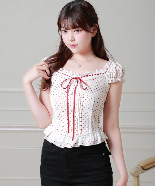 Anely（アネリー）の「Anelyドット柄 リボン ペプラム カット トップス（Tシャツ/カットソー・レディース・ブラック/レッド・FREE）」の6枚目の写真