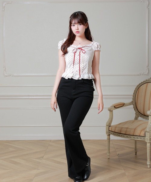 Anely（アネリー）の「Anelyドット柄 リボン ペプラム カット トップス（Tシャツ/カットソー・レディース・ブラック/レッド・FREE）」の7枚目の写真