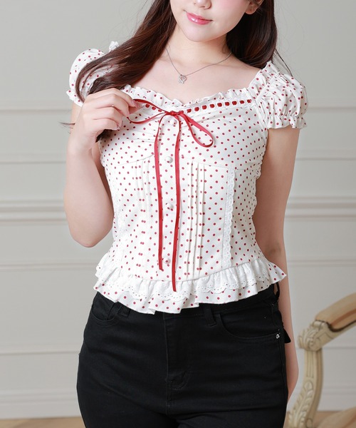 Anely（アネリー）の「Anelyドット柄 リボン ペプラム カット トップス（Tシャツ/カットソー・レディース・ブラック/レッド・FREE）」の9枚目の写真