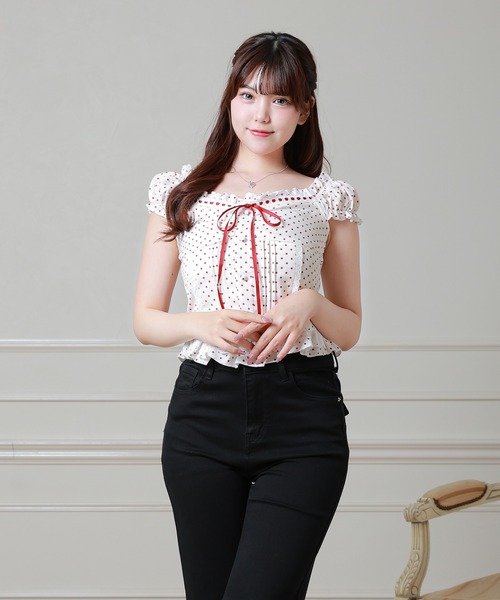 Anely（アネリー）の「Anelyドット柄 リボン ペプラム カット トップス（Tシャツ/カットソー・レディース・ブラック/レッド・FREE）」の10枚目の写真