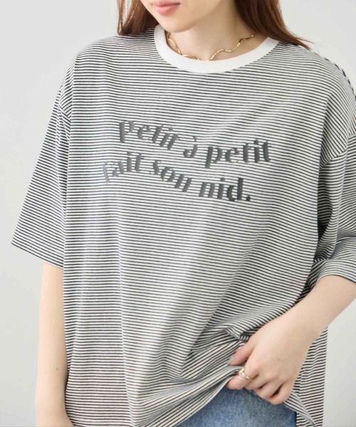 Mac-House（マックハウス）の「Idnes ピンボーダーロゴTシャツ（Tシャツ/カットソー・レディース・ブラウン系/グリーン系/ブルー系/ブラック系・FREE）」の10枚目の写真
