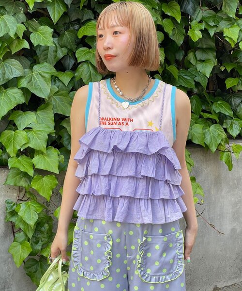 HELLO.SANFRANCISCO(ハローサンフランシスコ)の「【HELLO.SANFRANCISCO/ハローサンフランシスコ】ラメドットフリルキャミ(シャツ/ブラウス・レディース・サックスブルー/ホワイト・ONE SIZE)」の1枚目の写真