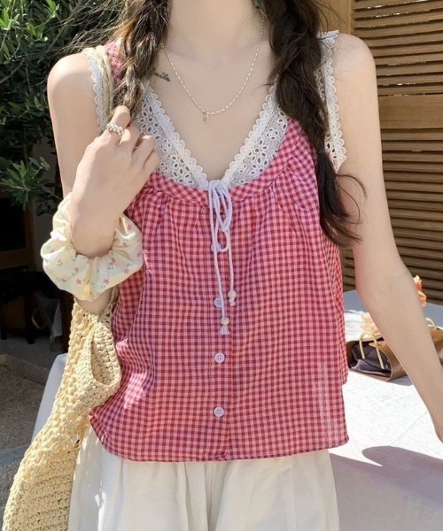 NANEA(ナネア)の「レースレイヤード風チェック柄フロントリボンキャミソール(シャツ/ブラウス・レディース・ブラック/ブルー/レッド・MEDIUM)」の14枚目の写真
