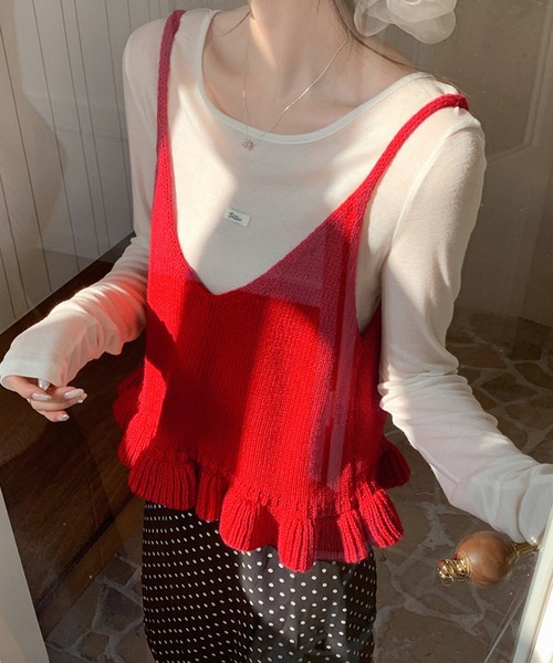 DAY CLOSET(デイ クローゼット)の「【前後2WAY/重ね着映え】リボンペプラムフリルニットビスチェ レディース(その他トップス・レディース・グレー/レッド/アイボリー/ブラック・FREE)」の4枚目の写真