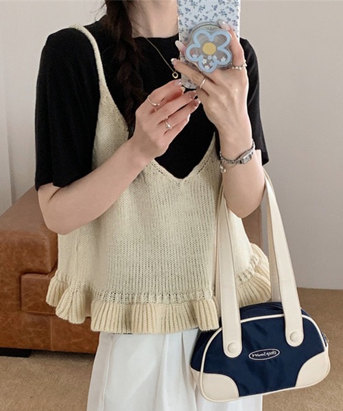 DAY CLOSET(デイ クローゼット)の「【前後2WAY/重ね着映え】リボンペプラムフリルニットビスチェ レディース(その他トップス・レディース・グレー/レッド/アイボリー/ブラック・FREE)」の6枚目の写真