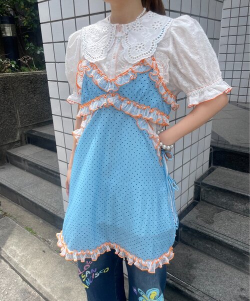 HELLO.SANFRANCISCO(ハローサンフランシスコ)の「【HELLO.SANFRANCISCO】ドット柄レースキャミチュニック(キャミソール・レディース・イエロー/ブルー・ONE SIZE)」の4枚目の写真