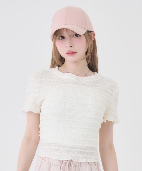 Rmine（アールマイン）の「フリルシャーリングトップス（Tシャツ/カットソー・レディース・ホワイト/ブラウン/ピンク・FREE）」の2枚目の写真